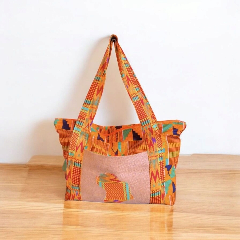 Orange Floral Tote Bag with Mesh Panel